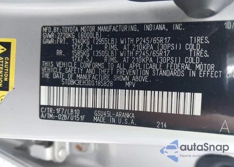 2013 Toyota Highlander Base Plus V6/Base V6/Se V6 z USA, uszkodzony, nr VIN 5TDBK3EH3DS185828